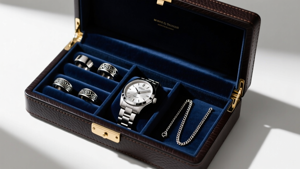 Top-down view of an open mens jewelry case in dark leather, showing velvet compartments with silver rings and a steel watch.