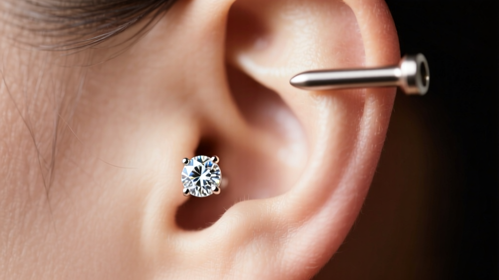 Macro profile of an ear showing a 4mm bezel-set diamond lobe stud and a matching 4mm titanium helix labret in soft light.