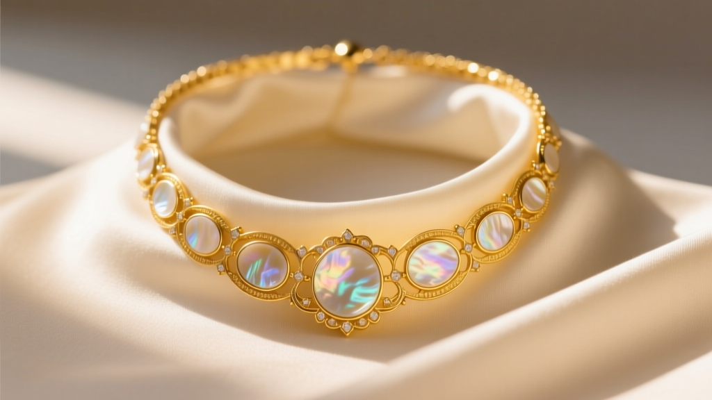 Yellow gold VCA Sweet Alhambra necklace with mother-of-pearl inlay resting on a silk collarbone in soft light.
