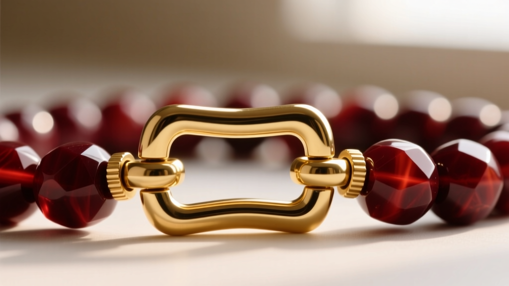 Close-up of a heavy-duty gold toggle clasp securing a thick strand of dark red jasper beads, highlighting the T-bar mechanism.