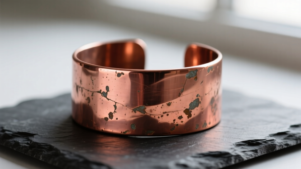 Macro shot of a hammered pure copper cuff on dark slate, highlighting the warm reddish-brown luster and subtle oxidation marks