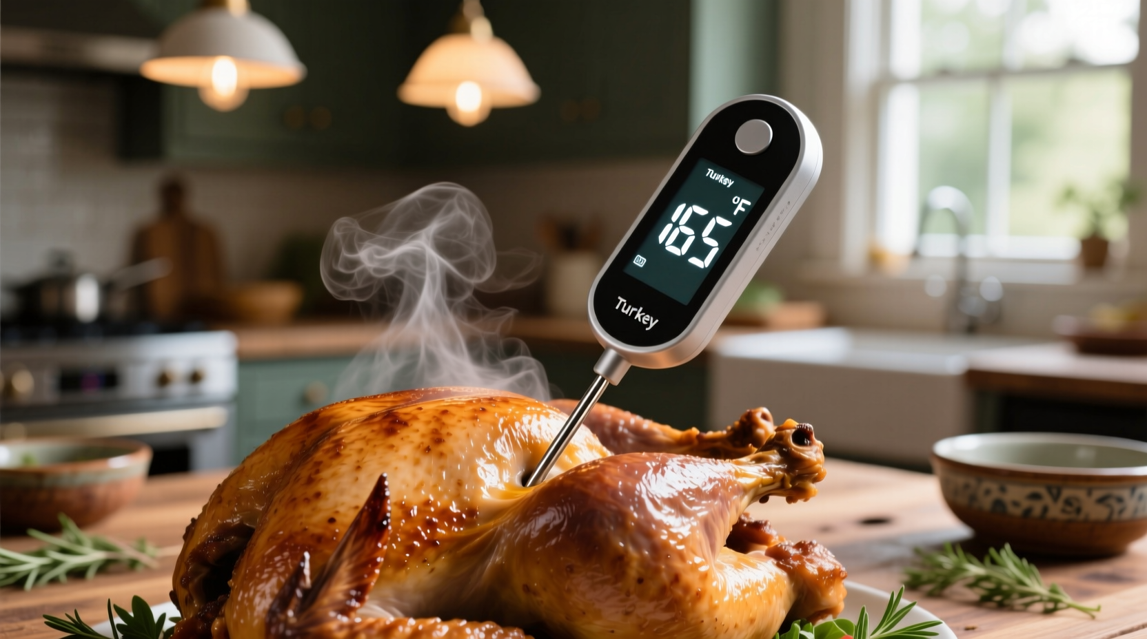 Turkey thermometer showing 165 degrees Fahrenheit