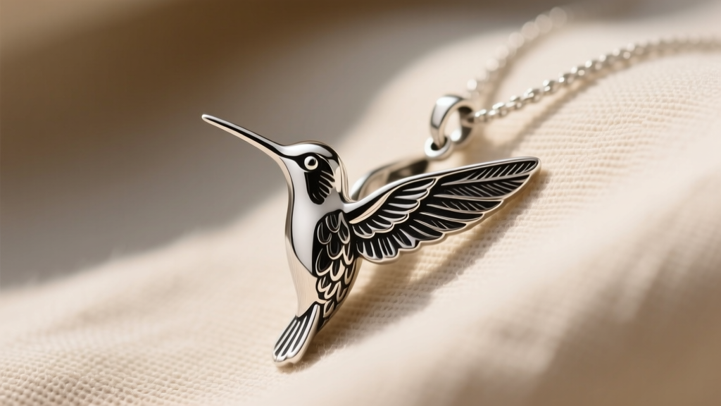 Side view of a sterling silver hummingbird pendant with oxidized feather textures and a thin beak resting on soft beige linen.