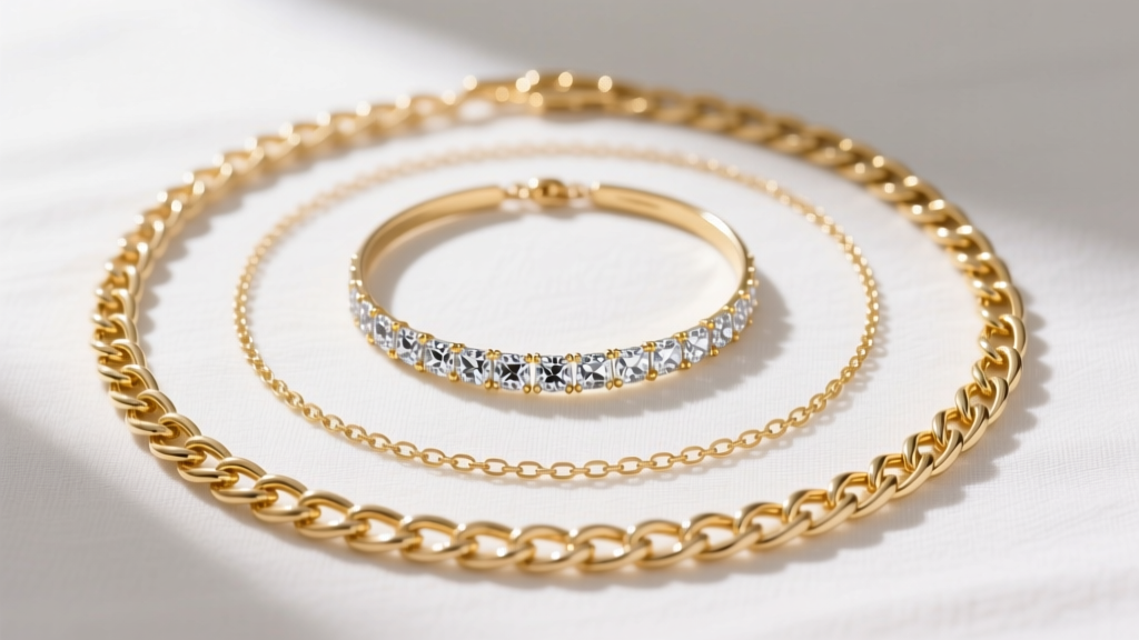 Flat lay styling shot of a 16-inch gold cable chain gema necklace layered with a 14-inch choker and 18-inch paperclip chain on linen.
