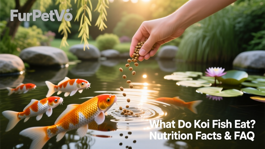 A hand scattering FurPetVo koi pellets into a serene garden pond with several koi rising to the surface