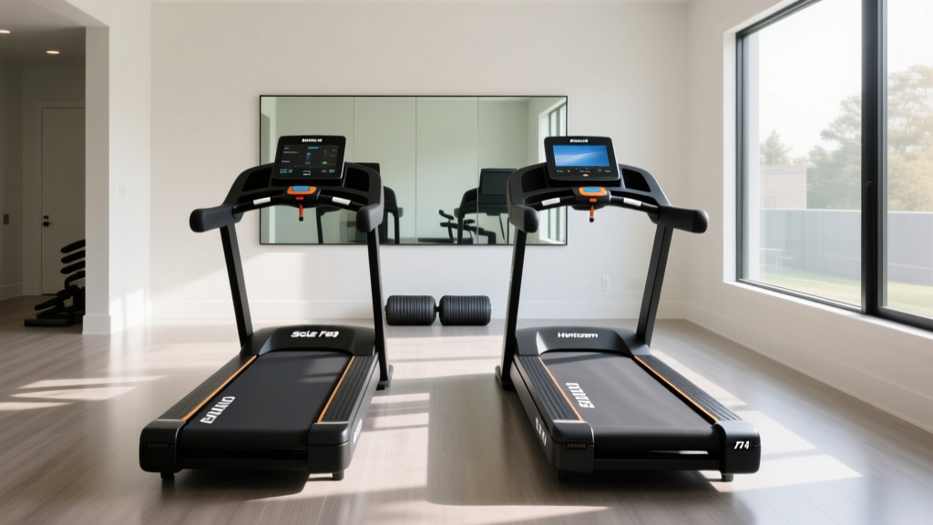 Side-by-side setup of Sole F80 and Horizon 7.4 AT treadmills in a brightly lit modern home gym with rubber flooring and foam rollers