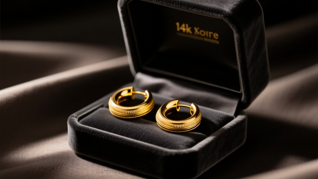 Velvet box revealing 14k solid yellow gold thick hoop earrings resting on dark charcoal silk under warm, moody studio lighting.