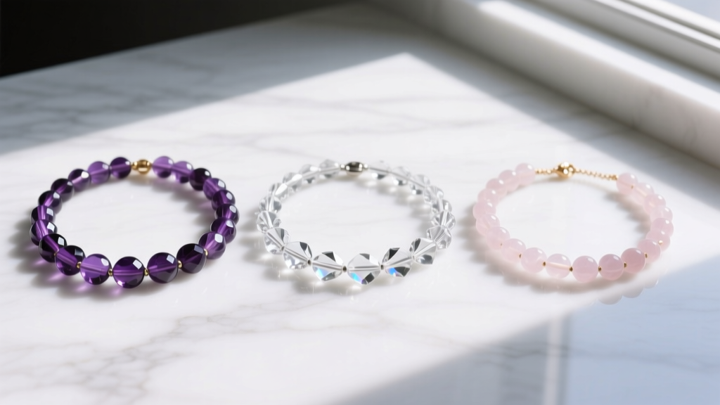 Flat lay of three crystal collar necklaces featuring amethyst, clear quartz, and rose quartz beads on a white marble surface