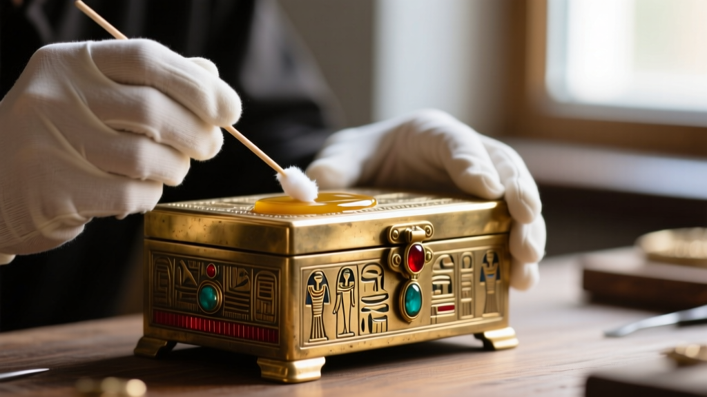 Close-up of conservator applying microcrystalline wax with cotton swab to brass corner brackets of a vintage Egyptian jewelry box