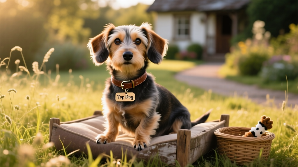 dachshund shih tzu mix with fuzzy ears sitting in the grass