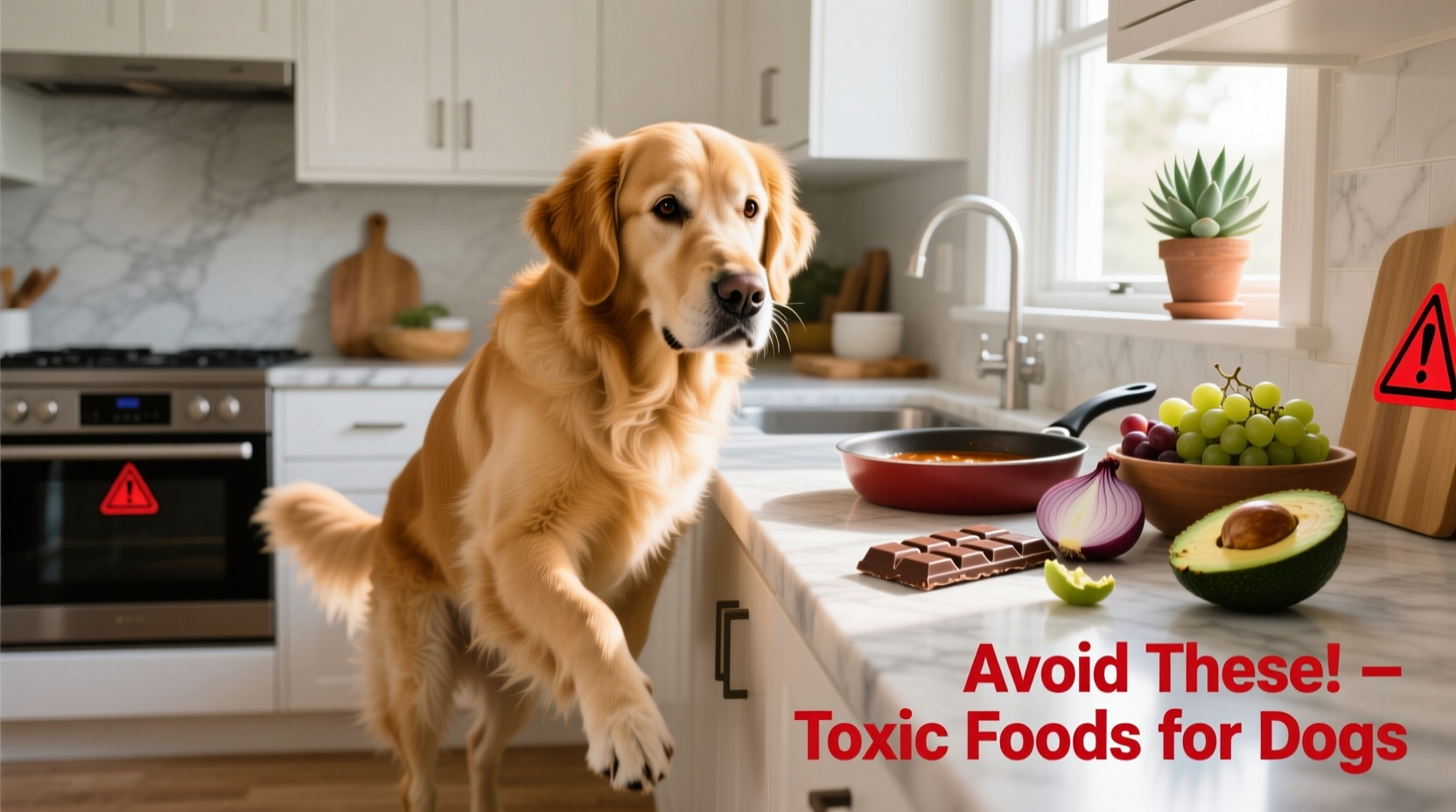 Golden Retriever avoiding toxic foods on kitchen counter