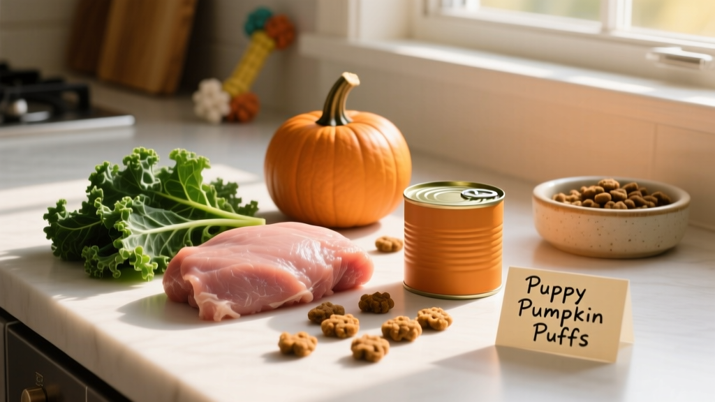 Fresh ground turkey, kale leaves, and canned pumpkin arranged on a clean kitchen counter