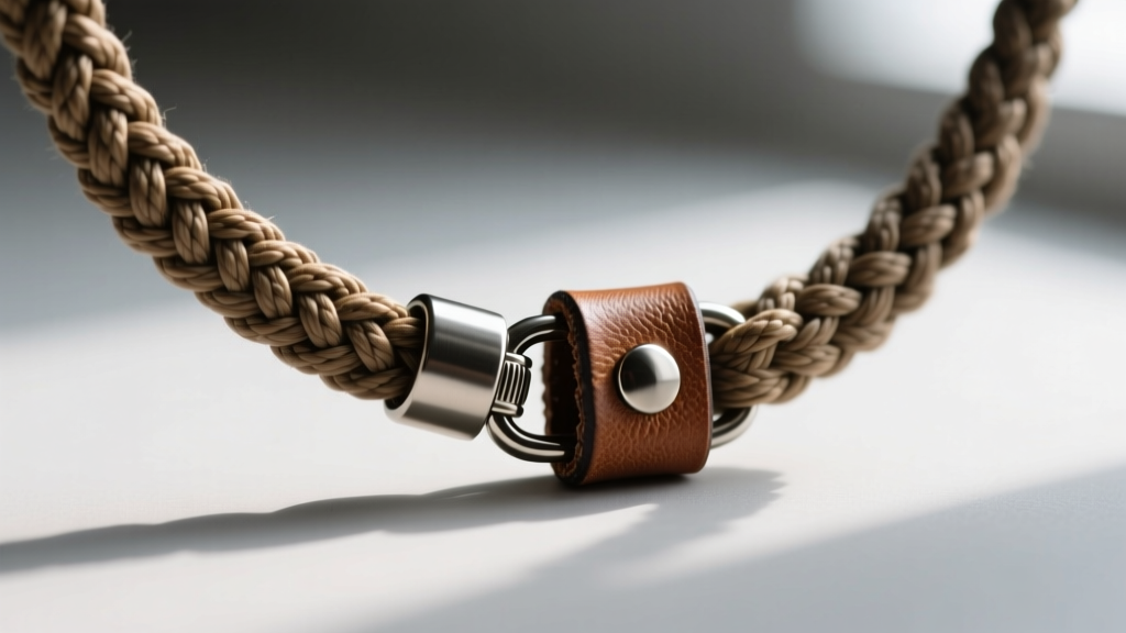 Macro shot of a braided paracord and leather key holder necklace loop, highlighting the texture and a titanium screw-lock clasp