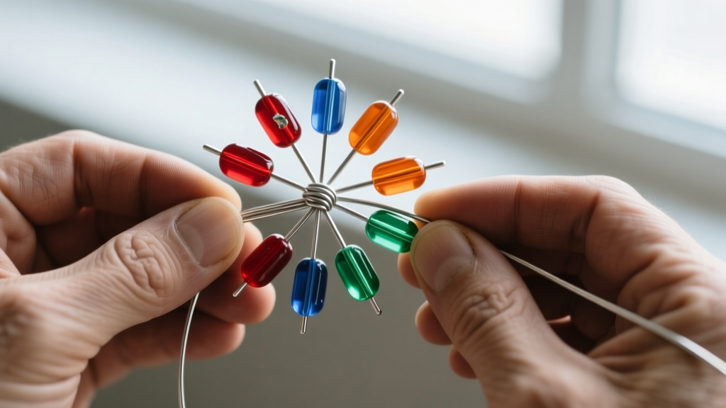 Close-up of artisan hands using 20-gauge silver wire to structurally wrap a geometric array of melted polyethylene fuse beads