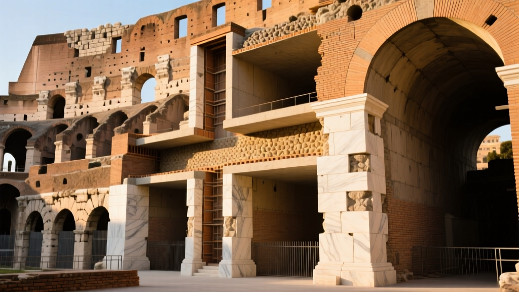 Masonry cross-section of Roman Colosseum showing travertine piers, tuff walls, and brick-faced concrete vaults in warm sunlight.