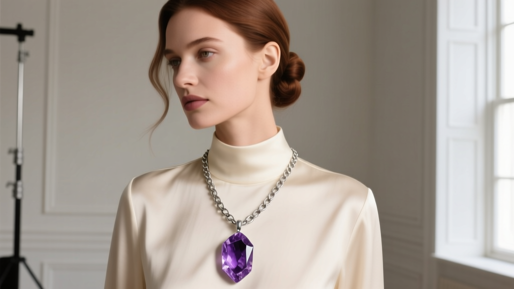 Woman wearing an 18-inch sterling silver chain with a raw purple amethyst pendant, styled elegantly with a cream silk blouse