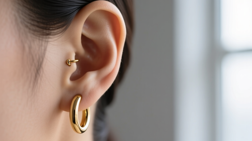 Side profile of an ear wearing a seamless 14g solid gold hoop through a healed cartilage piercing, highlighting smooth edges
