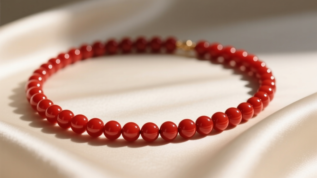 Flat lay of a vibrant 6mm carnelian red beads necklace resting on cream silk fabric, illuminated by soft directional morning light