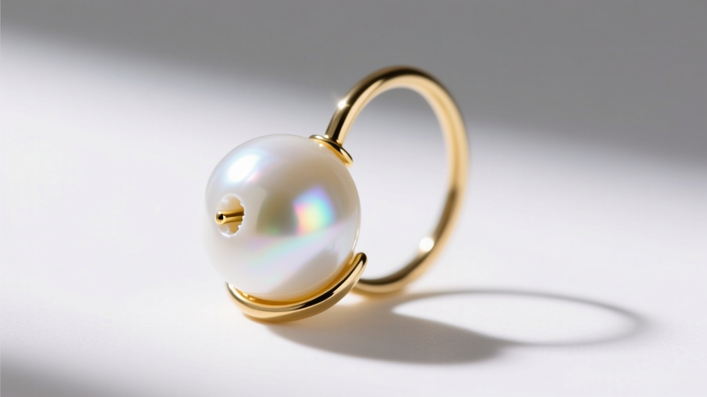 Macro photo showing a half-drilled white Akoya pearl glued securely onto the flat pad of a 20-gauge gold hoop earring wire.