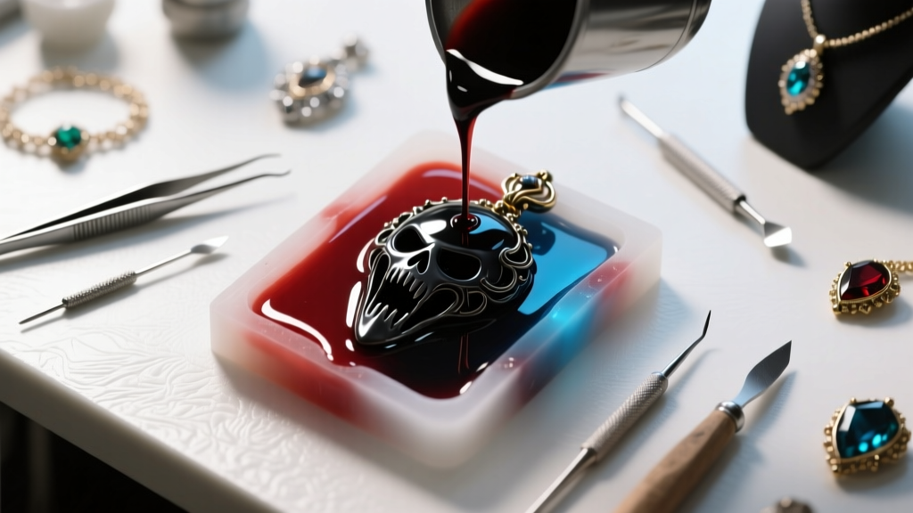 Overhead view of a jewelry workbench with silicone mold pouring, two-part resin, and sculpting tools for a horror movie amulet.