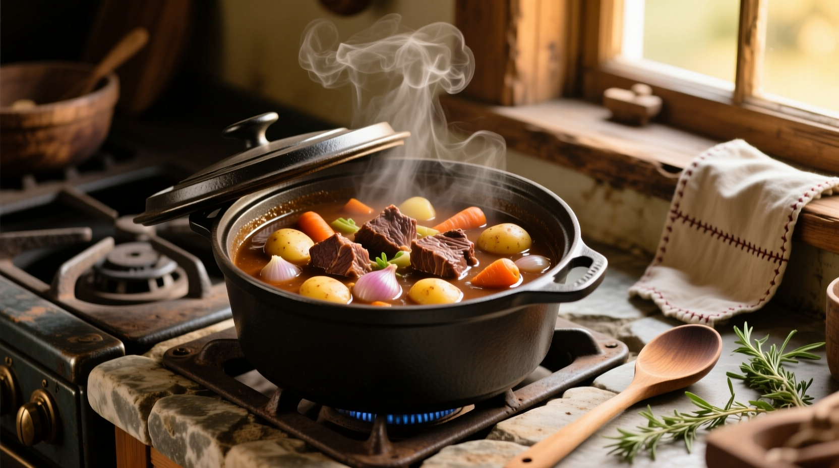 Beef stew meat simmering in Dutch oven with vegetables