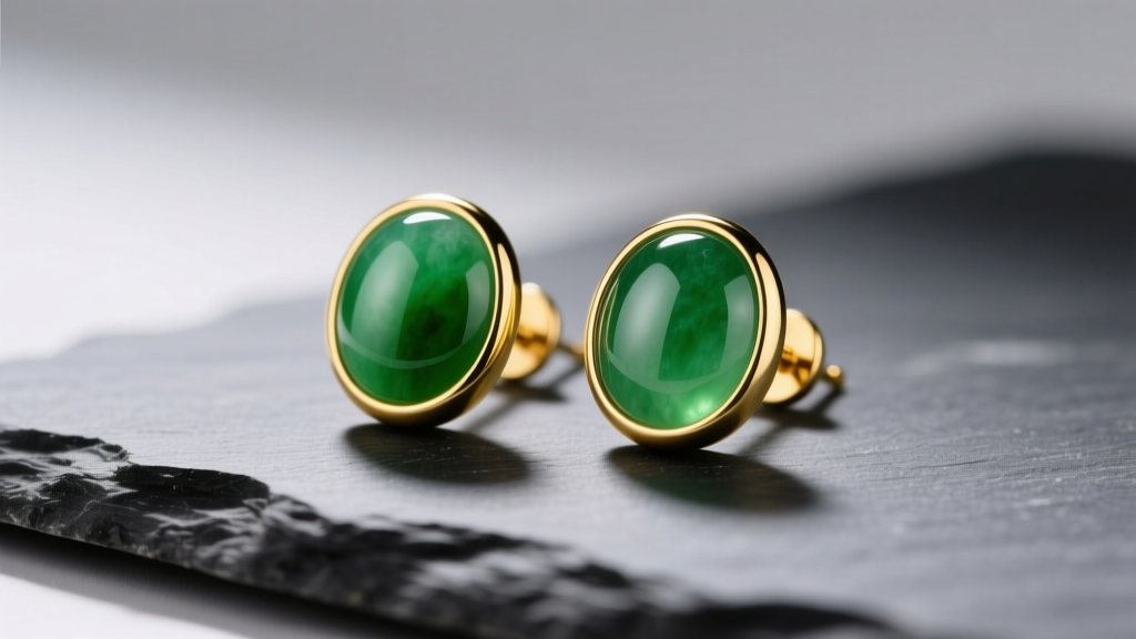 Pair of spinach green nephrite cabochon stud earrings in 18k yellow gold bezels on dark slate under soft studio lighting.