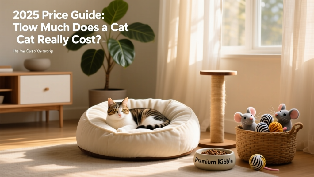 A tidy living room corner with a cat napping in a plush bed beside a scratching post, food bowl, and toy basket