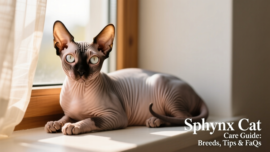 A Sphynx cat lounging on a sunlit windowsill, highlighting its wrinkled skin, large ears, and alert expression