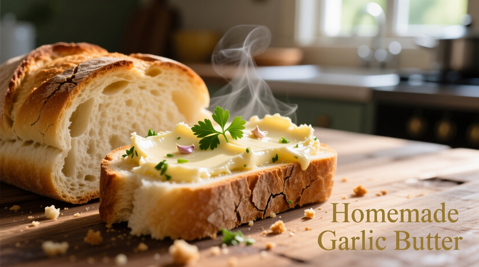 Homemade garlic butter spread on warm bread