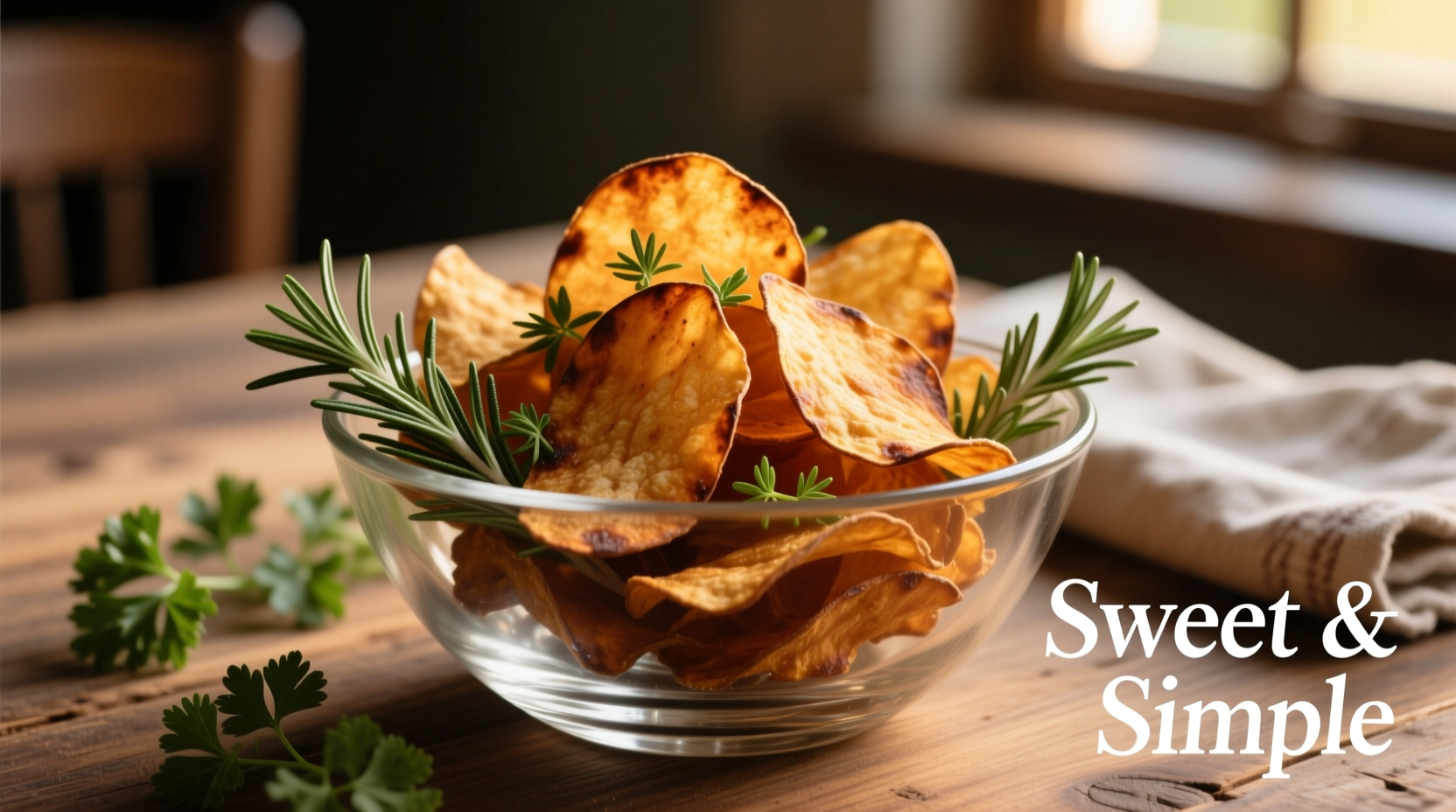 Golden brown sweet potato chips in a glass bowl with herbs