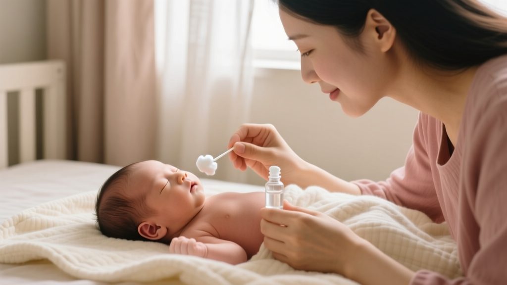 Mother cleaning a newborn earlobe with sterile saline and a cotton swab, featuring soft natural lighting and warm, comforting tones.