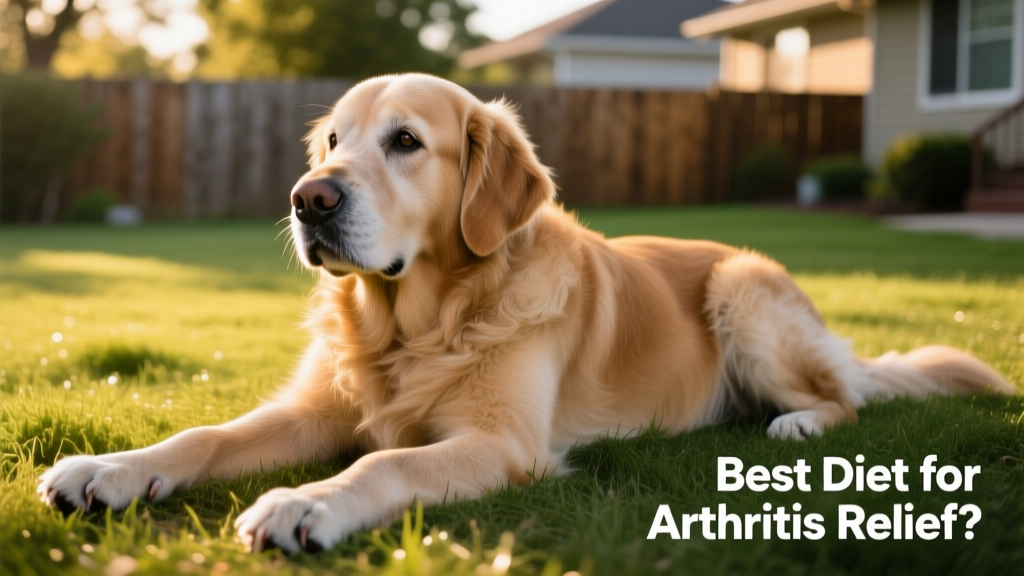 A senior golden retriever gently stretching on soft grass, illustrating comfortable mobility