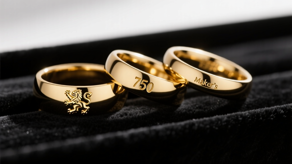 Three gold rings on black velvet showing hallmarks: a British lion passant, a 750 purity stamp, and a small maker