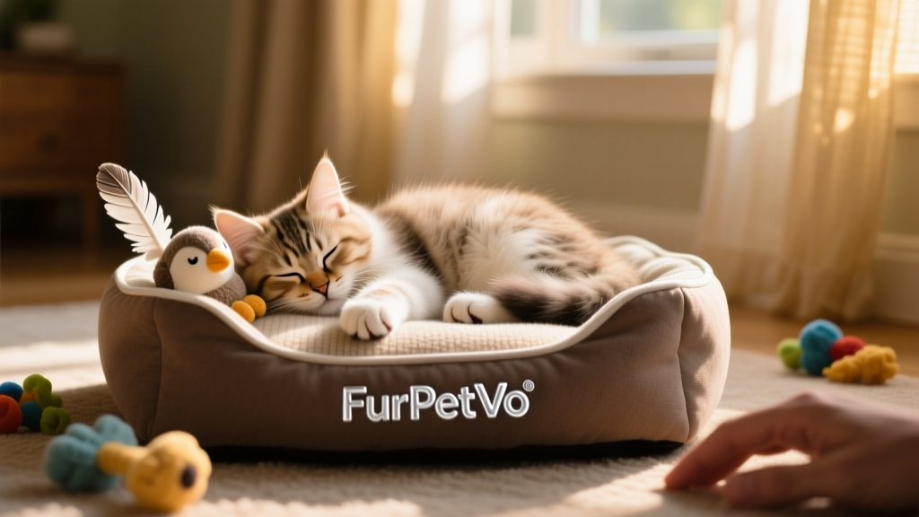 Kitten sleeping peacefully beside a FurPetVo-branded cat bed and toy
