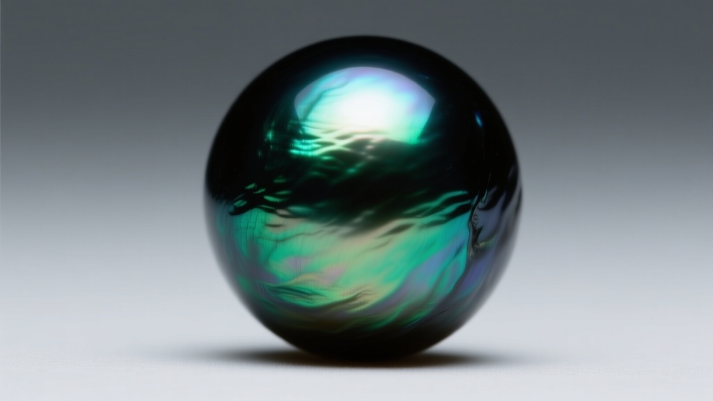 Macro shot of a Tahitian black pearl showing a sharp peacock green overtone and high luster reflection against a soft grey backdrop.