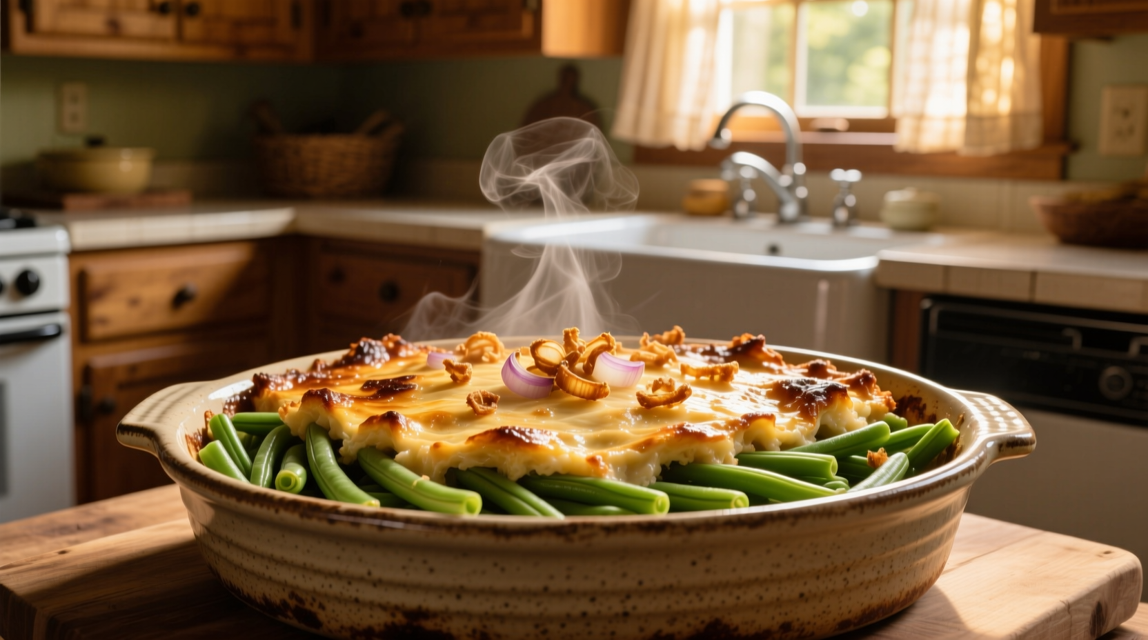 Golden brown green bean casserole in baking dish