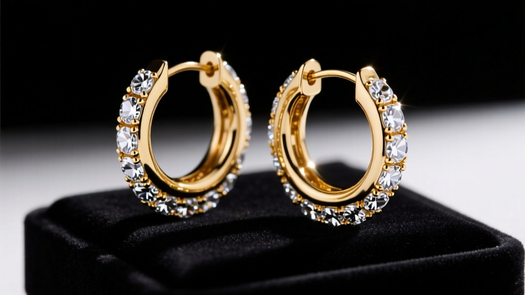 Close-up of vintage True Religion gold-tone hoop earrings with pavé cubic zirconia accents resting on dark velvet display