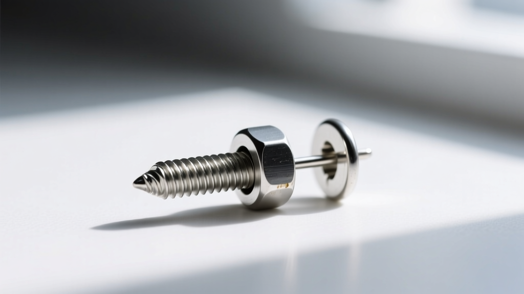 Macro shot of a silver screw-back earring converter showing the threaded post and adjustable tension pad in sharp focus.