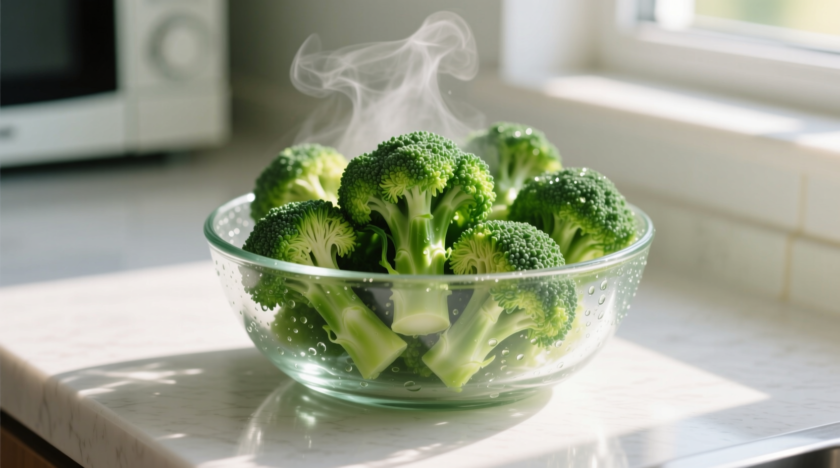 Fresh broccoli florets in microwave-safe bowl