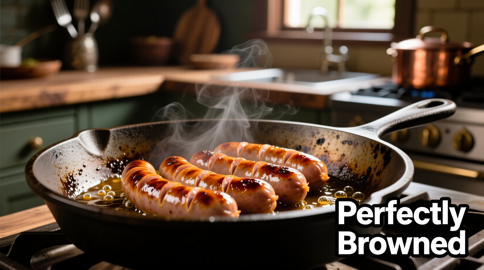 Perfectly browned sausages in cast iron pan