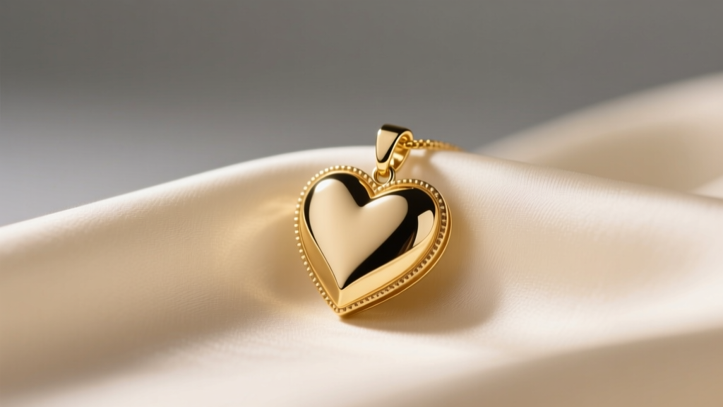 Gold-plated heart pendant on cream silk, lit by warm directional studio lighting against a softly blurred neutral gray background
