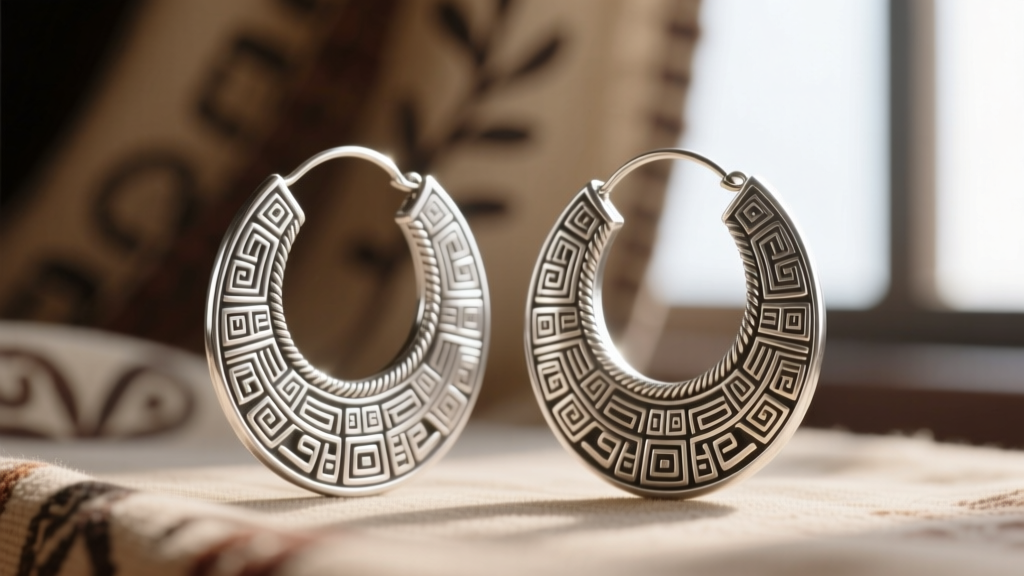 Close-up of traditional Mexican Taxco sterling silver arracada hoop earrings with intricate aztec-inspired filigree detailing.