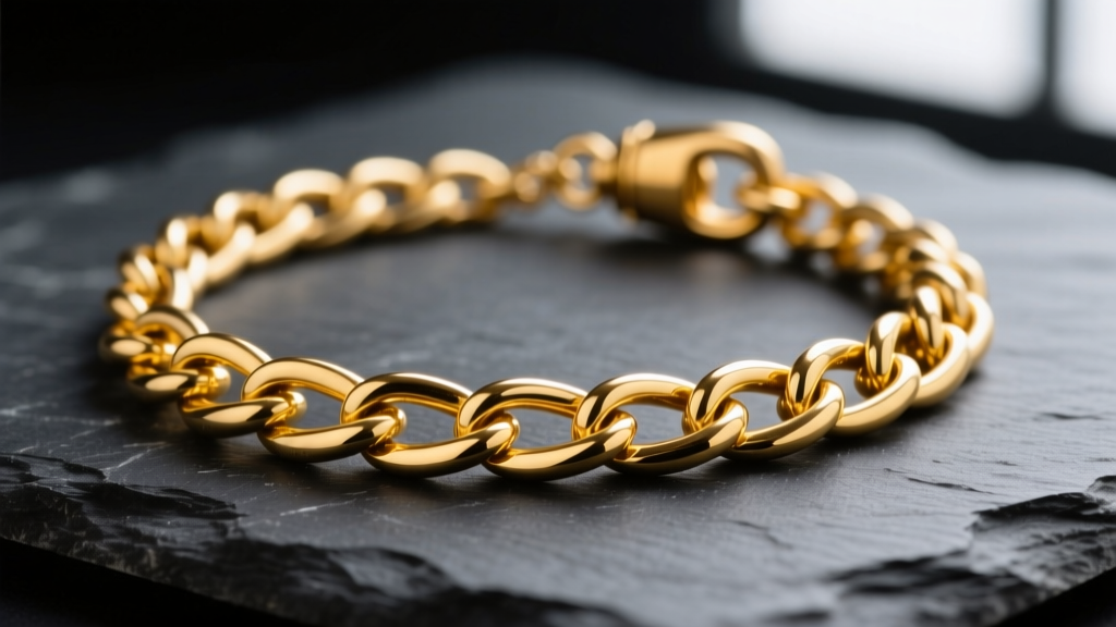 Close-up of a 14k gold filled cable chain necklace on dark slate, showing rich yellow gold luster and a brass lobster clasp.