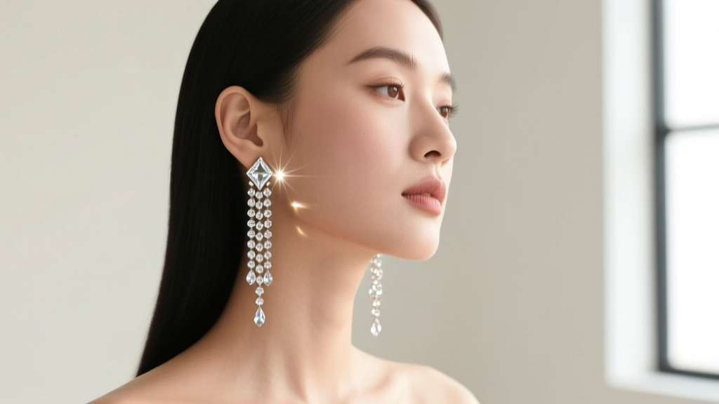 Side profile of a woman with a round face wearing long linear rhinestone drop earrings against a neutral high-fashion background.