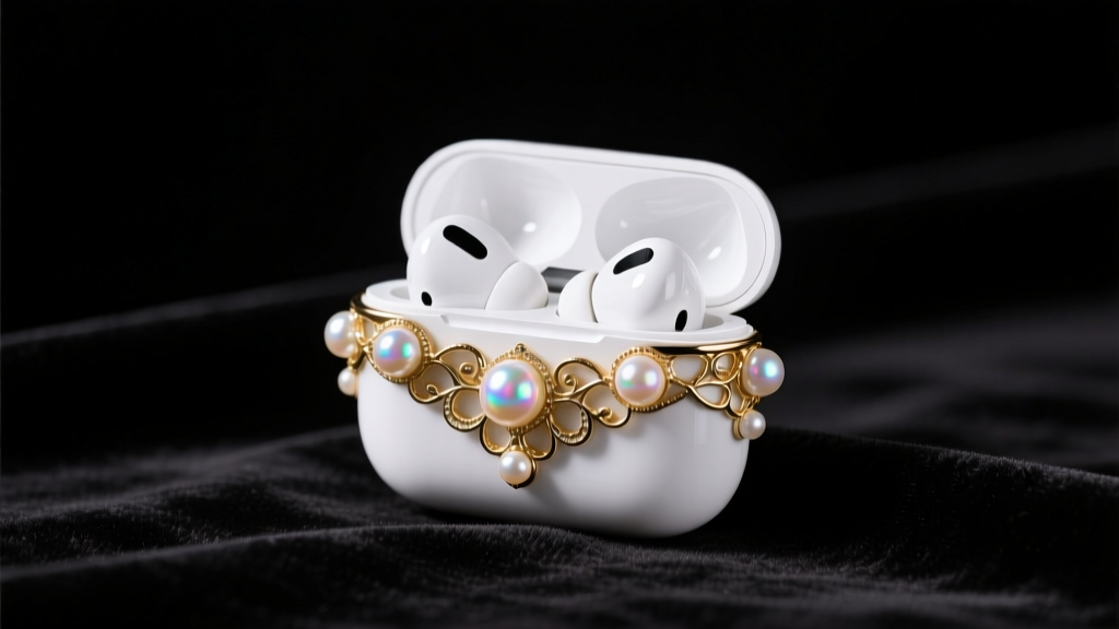 White AirPods 3 case adorned with tiny iridescent pearls and gold filigree, resting on dark velvet under bright studio lighting.