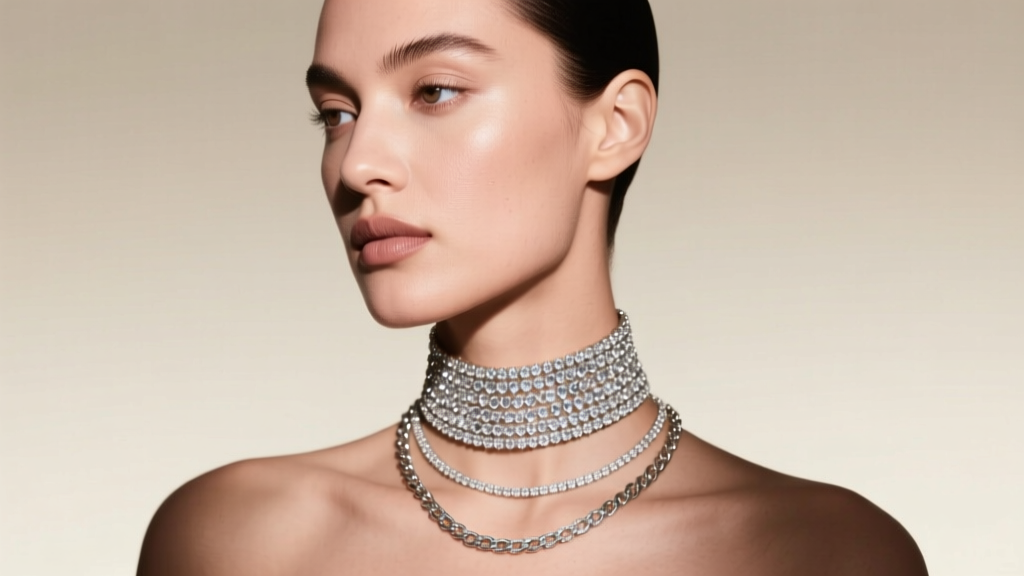 Model wearing a 16-inch Jay Flex sterling rhinestone choker layered with a matte silver chain against a soft studio backdrop