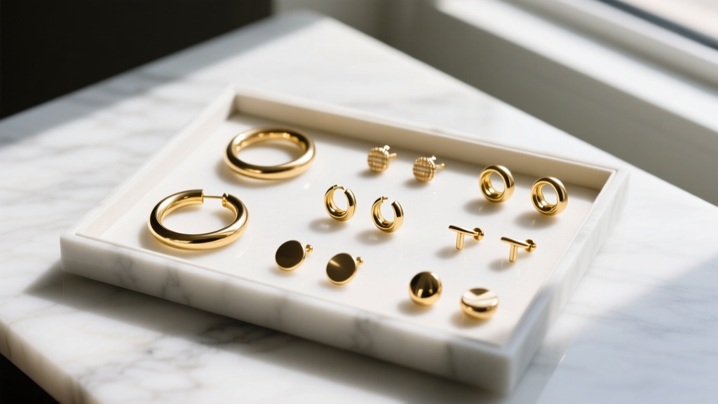 Overhead view of an earrings kit on marble, displaying gold-plated hoops and studs under soft natural lighting, sharp macro focus