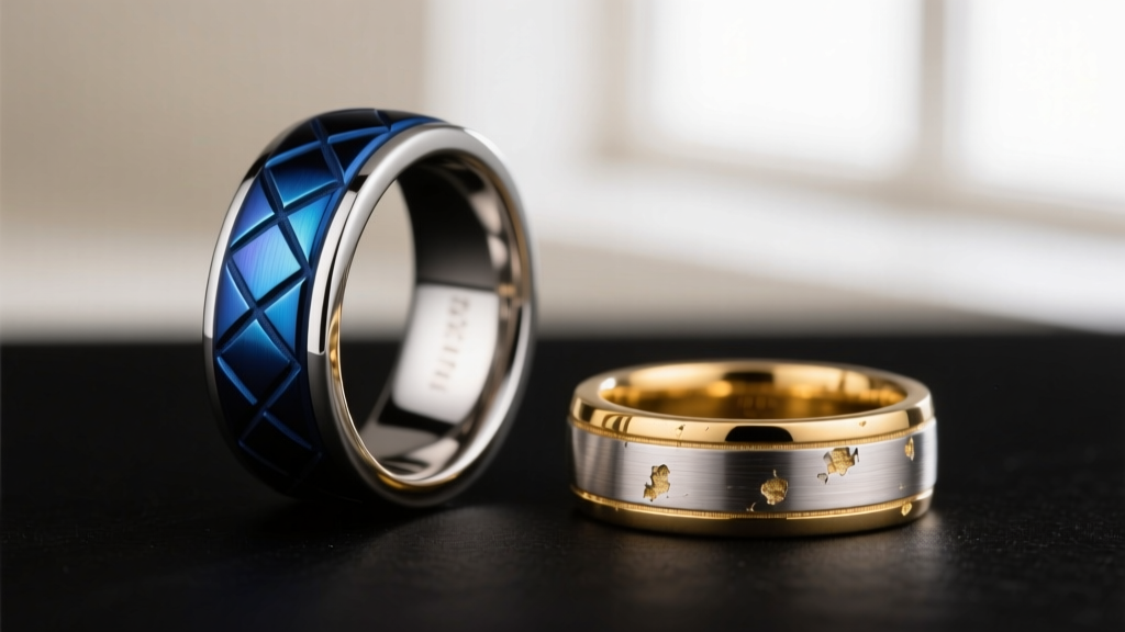 Macro shot of a PVD-coated stainless steel signet ring next to a gold vermeil ring showing plating wear on the inner shank