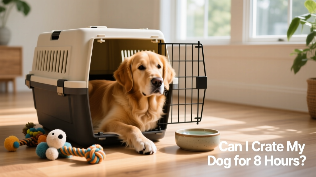 A confident, well-adjusted dog lying calmly in an open crate with the door unlatched, nearby toys and a water bowl visible