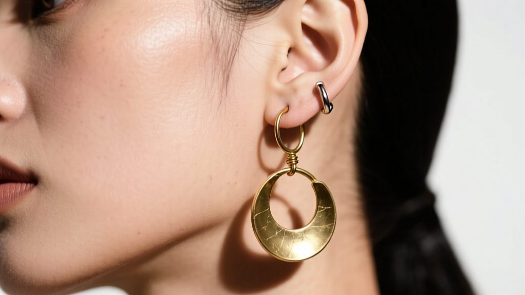 Stretched earlobe piercing wearing a heavy brass hanging earring with a slightly deformed 22-gauge wire hook in natural daylight
